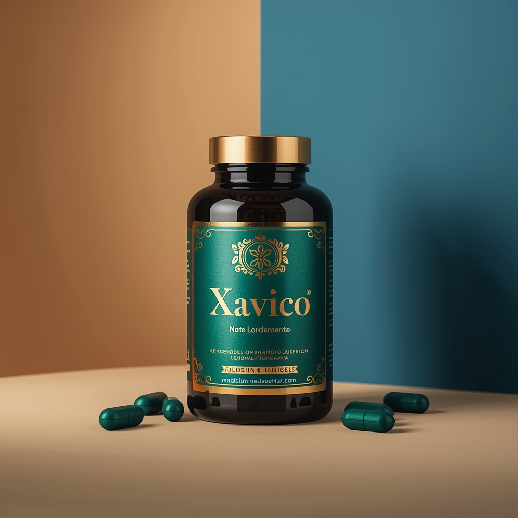 Xavico supplement bottle with emerald label and gold accent cap